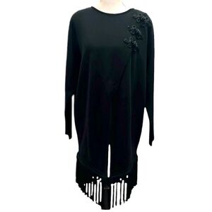 Andrea Jovine Vintage Black Wool Sweater Tunic Fringe Toggles Long Sleeve Medium
